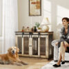 oak tone dog crate furniture with sliding doors