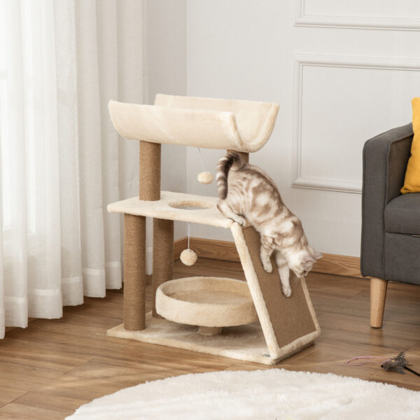 cat tree with scratching posts and bed