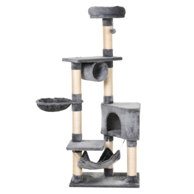 Grey 150cm multi‑level cat tree tower with condo and scratching posts