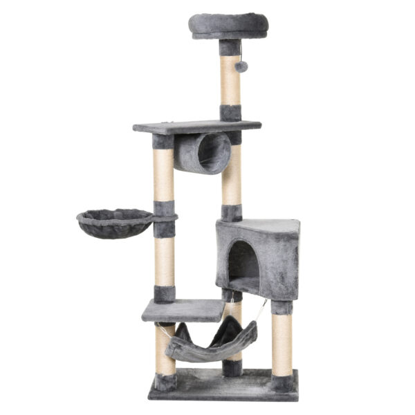 Grey 150cm multi‑level cat tree tower with condo and scratching posts