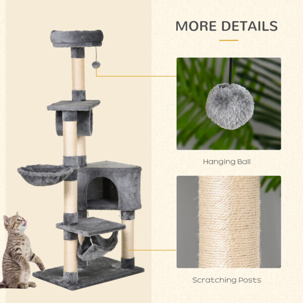 Plush covered cat climbing tree with platforms and scratch posts