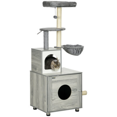 Grey enclosed cat litter box with bed and climbing platforms