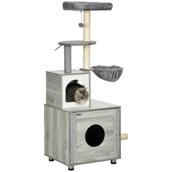 Grey enclosed cat litter box with bed and climbing platforms