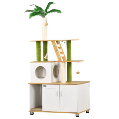Hidden cat litter box with multi‑level oak cat tree and green leaf accent