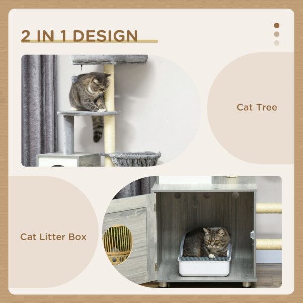 Indoor cat house with litter box concealment and plush bed