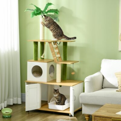Indoor cat furniture with enclosed litter box, ladder and scratching posts Indoor cat furniture with enclosed litter box, ladder and scratching posts