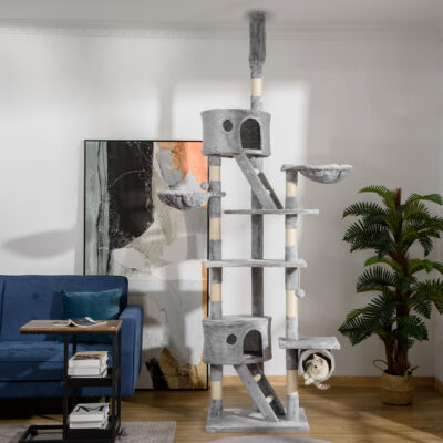 light grey cat climbing tower with hammocks