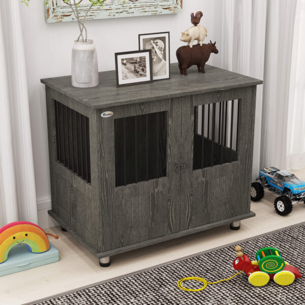 Grey Wooden Dog Crate Furniture with Steel Bars
