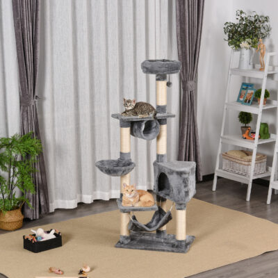 Indoor cat activity centre with plush perches and hanging toy