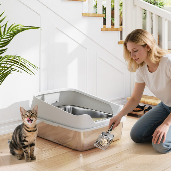 large stainless steel cat litter tray with high sides