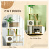 Oak and green cat furniture with platforms and cosy cat house