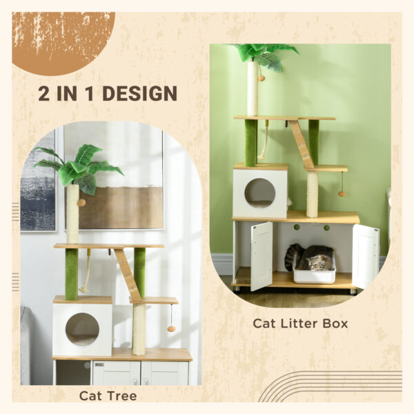 Oak and green cat furniture with platforms and cosy cat house