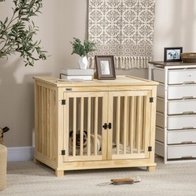 Dog Crate End Table with Cushion Natural Wood