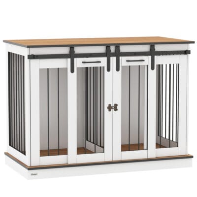 Large Dog Crate Furniture with Divider & Sliding Doors – Grey