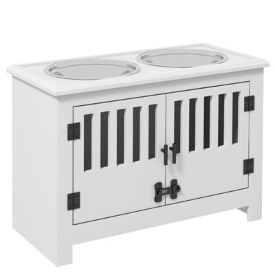 Raised Dog Feeding Station with Storage & Stainless Steel Bowls – Large Dogs White