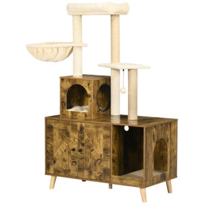 Cat Litter Box Enclosure with Tree Tower, Cat House, Hammock & Scratching Post – Rustic Brown