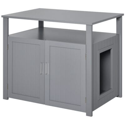 Wooden Cat Litter Box Enclosure Furniture with Adjustable Divider & Storage Shelf – Grey