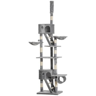 Floor-to-Ceiling Cat Tree 240-260cm Adjustable with Hammocks & Scratching Posts – Light Grey