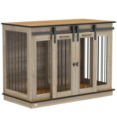 Large Dog Crate Furniture with Sliding Doors – Oak Tone