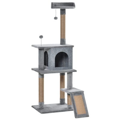 142cm Cat Tree Tower with Jute Scratching Posts & Condo – Grey