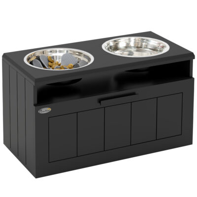Raised Dog Feeding Station with Slow Feeder, Stainless Bowls & Storage Drawer – Black