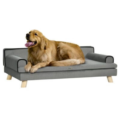 Elevated Dog Sofa Bed with Wooden Legs & Washable Cushion – Grey