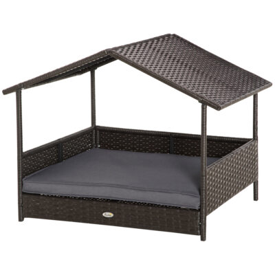 Elevated Rattan Dog Bed with Canopy & Cushion – Grey