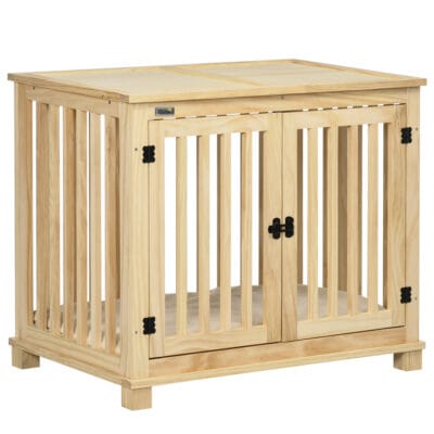 Wooden Dog Crate Furniture with Double Doors & Cushion – Natural