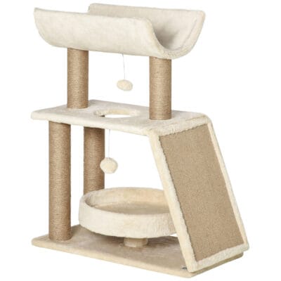 Compact Cat Tree Tower with Scratching Posts, Bed & Toy Ball – Light Brown