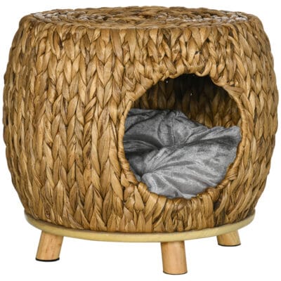 Wicker Cat House Stool with Washable Cushion – Natural Rattan Cat Bed